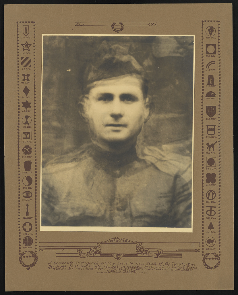 A composite photograph of one private from each of the twenty-nine divisions that went into combat in France At right and left recognition insignia of the combat divisions, which embraced the 92nd mad, 1921 (Library of Congress)