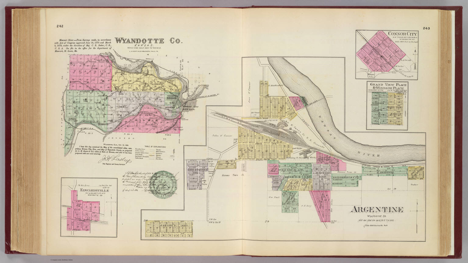 Argentine, Wyandotte Co. ... (with) Wyandotte Co., Kansas. (with) Edwardsville ... (with) Connor City ... (with) Grand View Place & Windsor Place ... (all) Wyandotte Co. L.H. Everts & Co., publishers, (Civil War), 1887 (Internet Archive)
