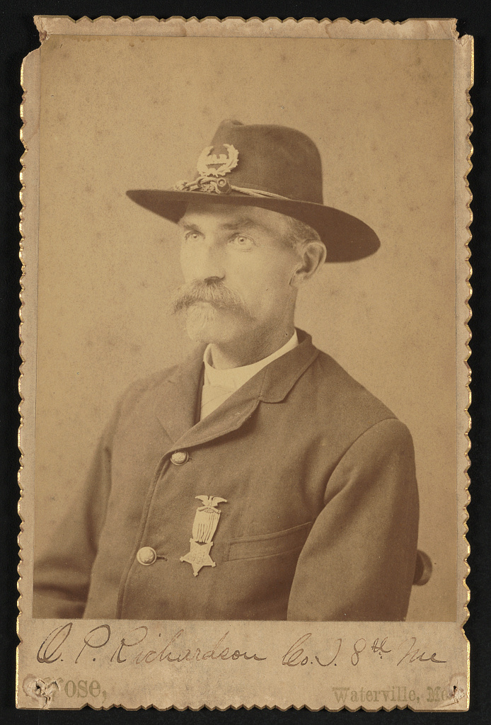 [Civil War veteran Private Orrin P. Richardson of Co. D, 8th Maine Infantry Regiment in Grand Army of the Republic uniform with badge], 1890 (Library of Congress)