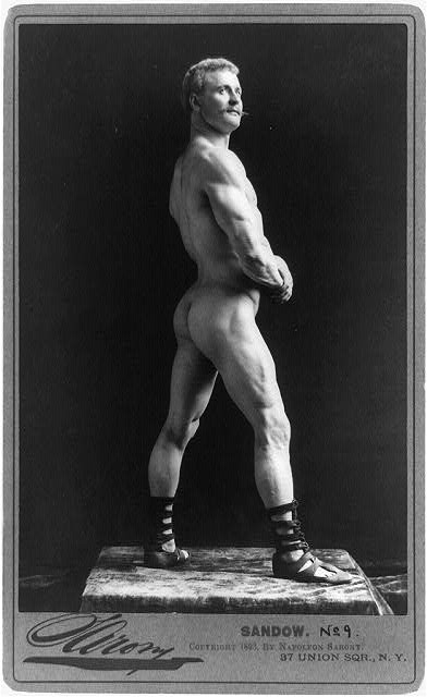 [Eugen Sandow, body-builder, full-length portrait, standing, nude except for shoes, facing right], 1893 (Library of Congress)