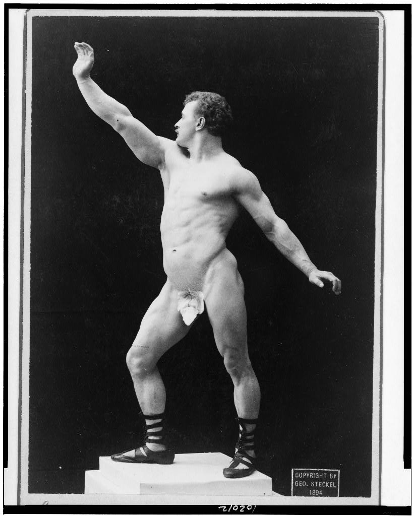 [Eugen Sandow, full-length nude portrait, standing, facing left, right arm raised], 1894 (Library of Congress)