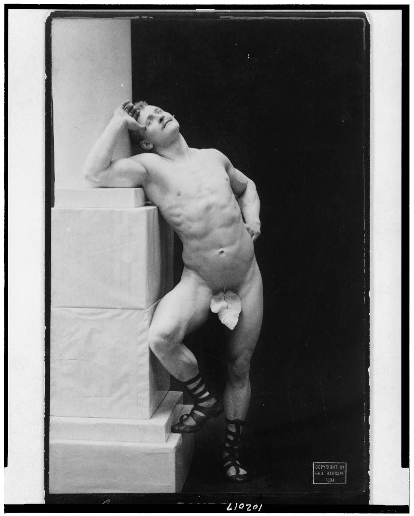 [Eugen Sandow, full-length nude portrait, standing, facing right, leaning on pillar], 1894 (Library of Congress)