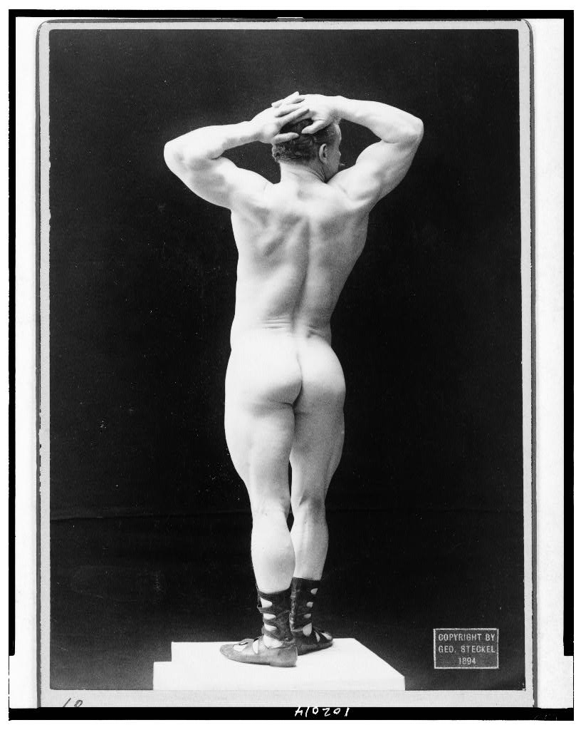 [Eugen Sandow, full-length nude portrait, standing, rear view, hands on head], 1894 (Library of Congress)
