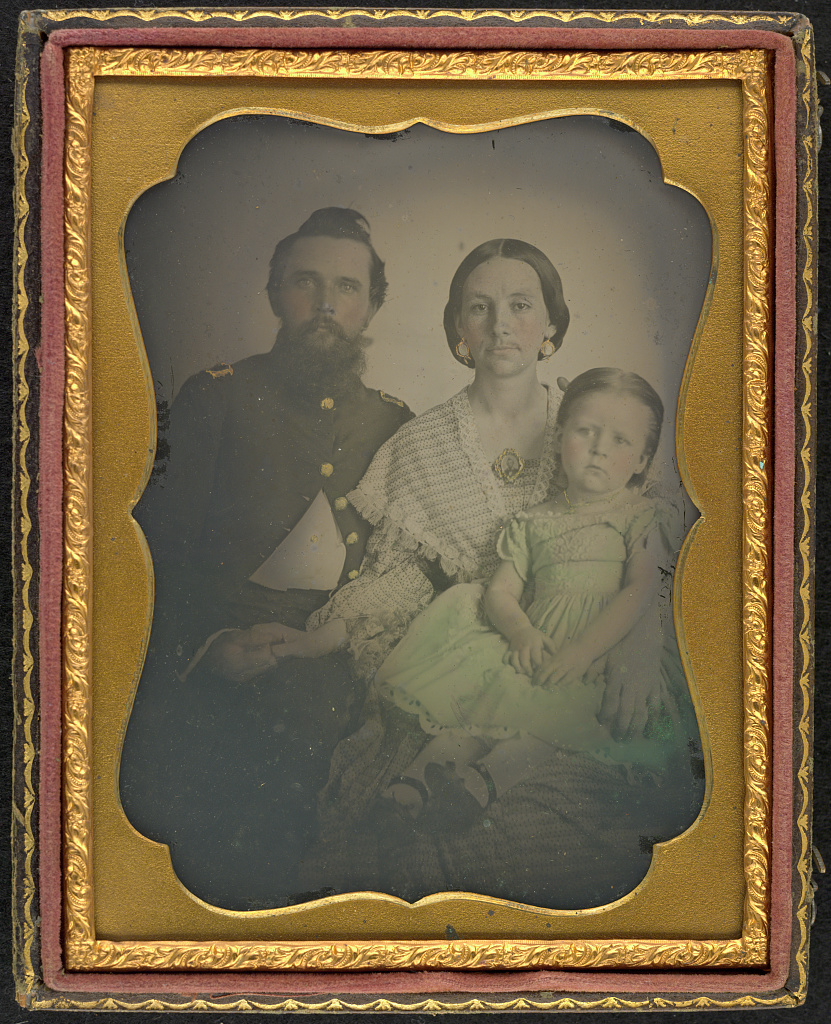 [First Lieutenant James N. Bell of Co. H, 5th Virginia Cavalry Regiment and Co. C, 13th Virginia Cavalry Regiment in uniform with his wife and daughter, Emmeline and Nannie Claudia Bell], 1861 (Library of Congress)