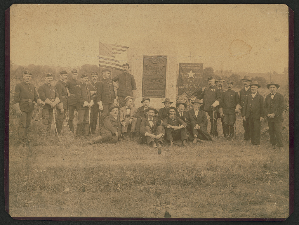 [Soldiers of Battery B, Pennsylvania National Guard and Civil War veterans of Battery F, Pennsylvania Independent Light Artillery, Hampton's Battery, at the monument to the combined C & F batteries, G, 1894 (Library of Congress)