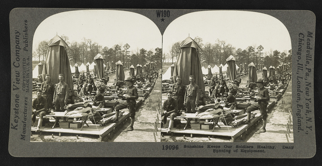 Sunshine keeps our soldiers healthy. Daily sunning of equipment, 1923 (Library of Congress)